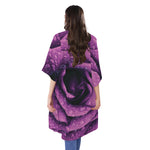 Dark Purple Rose Print Open Front Beach Cover Up