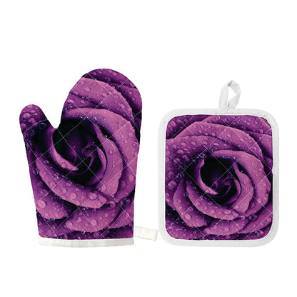 Dark Purple Rose Print Oven Mitt And Pot Holder Set