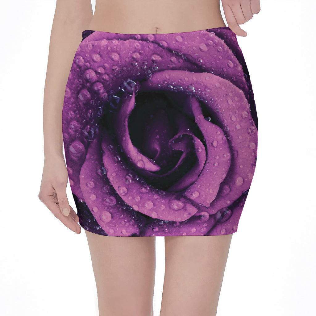 Dark Purple Rose Print Pencil Mini Skirt