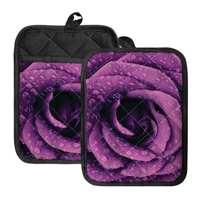 Dark Purple Rose Print Pot Holders With Pocket