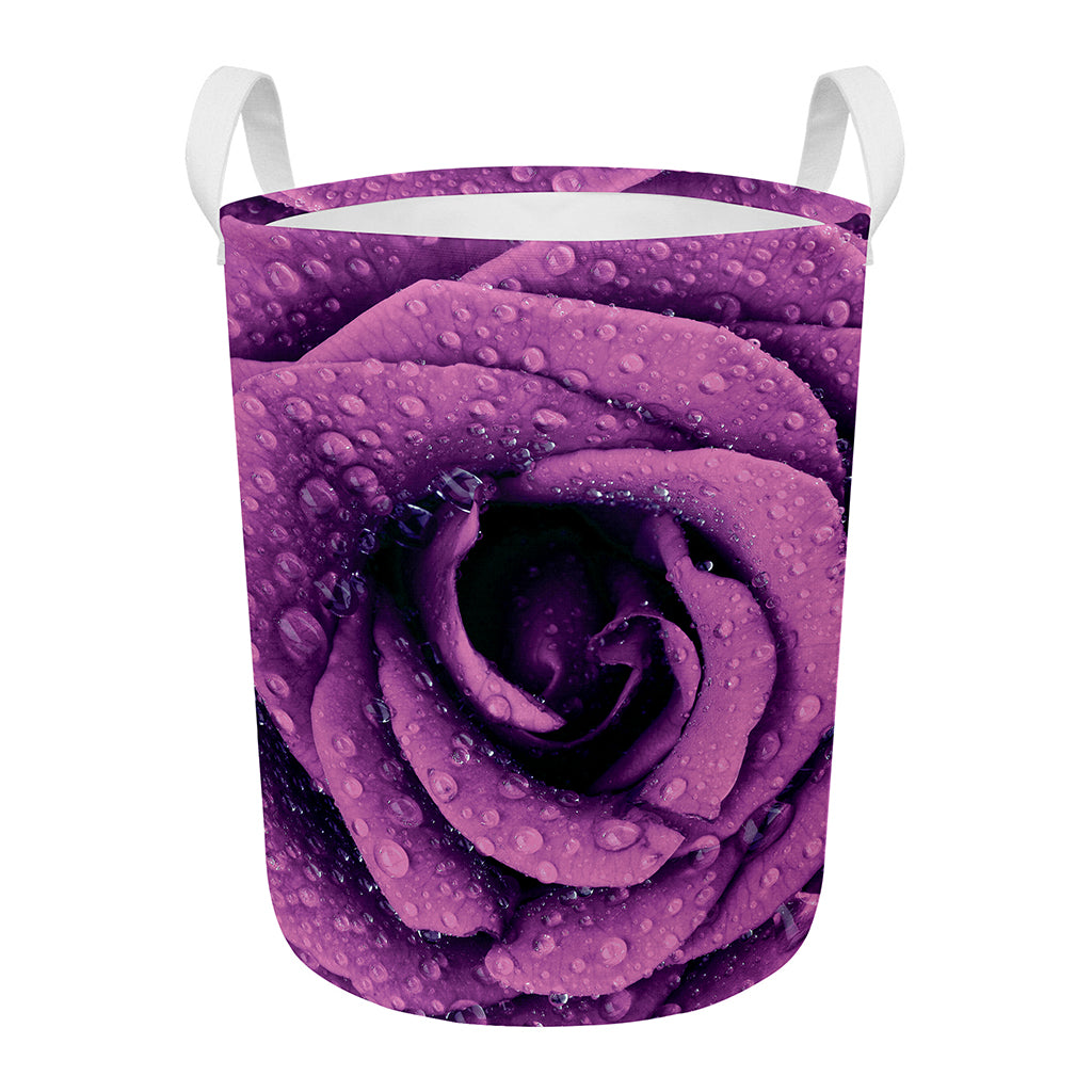 Dark Purple Rose Print Round Laundry Basket