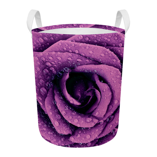 Dark Purple Rose Print Round Laundry Basket