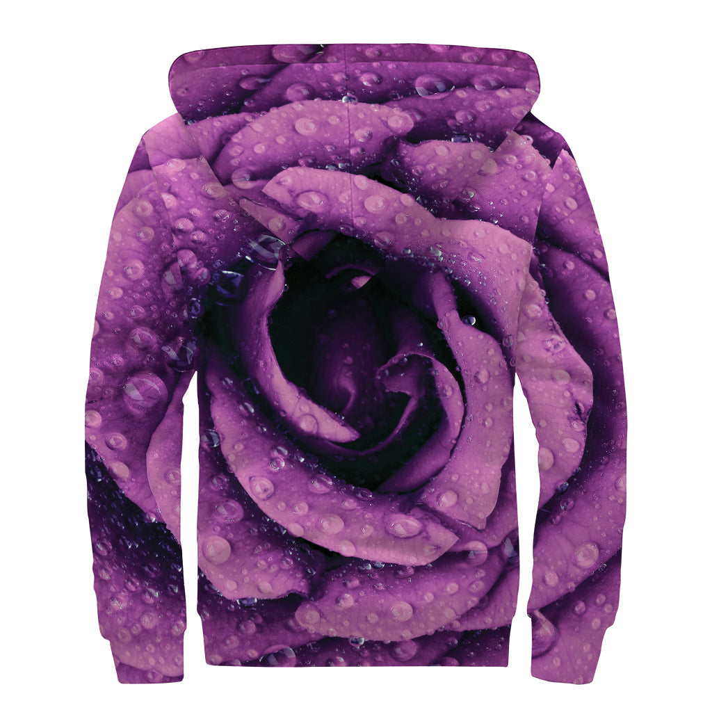 Dark Purple Rose Print Sherpa Lined Zip Up Hoodie