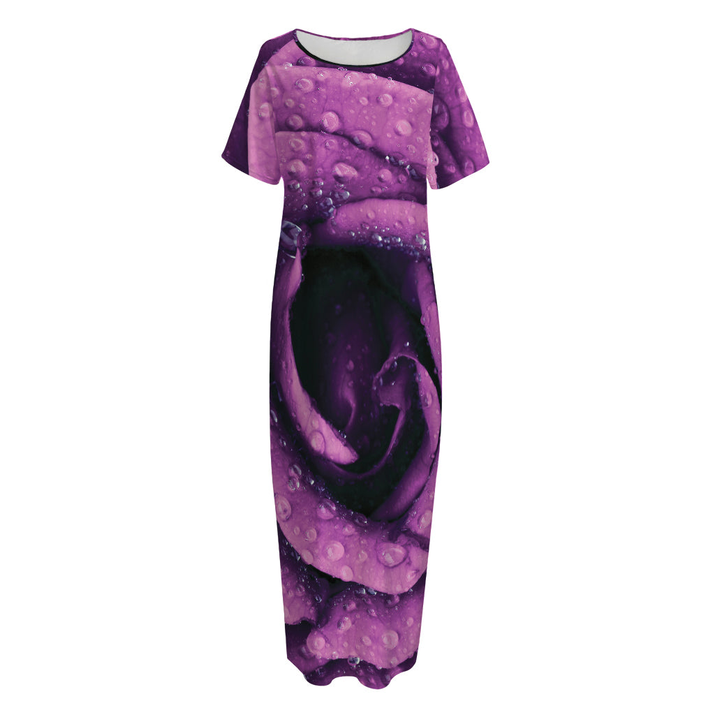 Dark Purple Rose Print Short Sleeve Long Nightdress