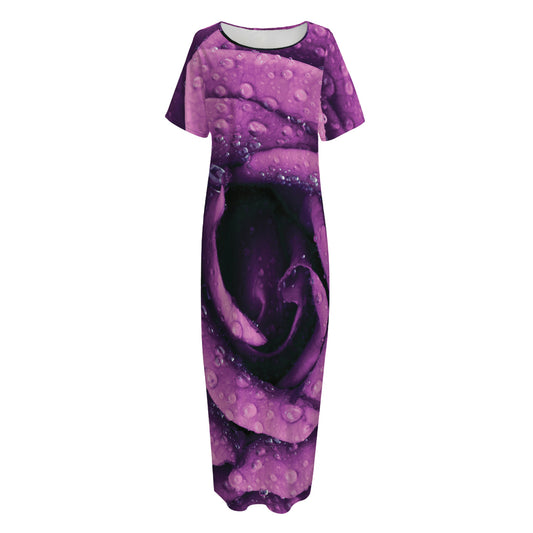 Dark Purple Rose Print Short Sleeve Long Nightdress