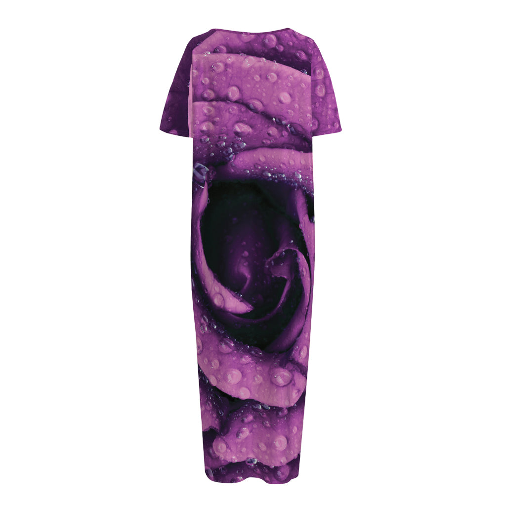 Dark Purple Rose Print Short Sleeve Long Nightdress