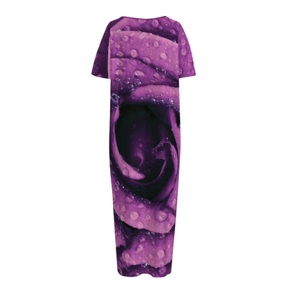 Dark Purple Rose Print Short Sleeve Long Nightdress