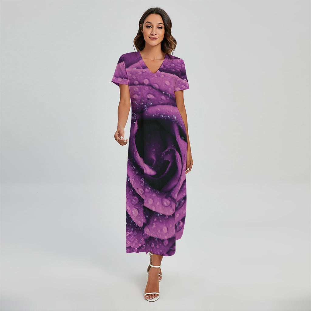 Dark Purple Rose Print Short Sleeve Maxi Dress