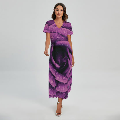 Dark Purple Rose Print Short Sleeve Maxi Dress