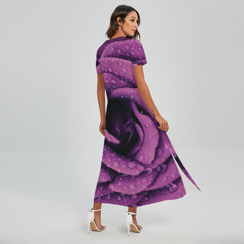 Dark Purple Rose Print Short Sleeve Maxi Dress