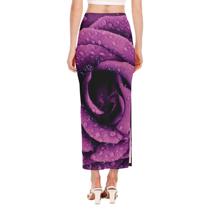 Dark Purple Rose Print Side Slit Maxi Skirt