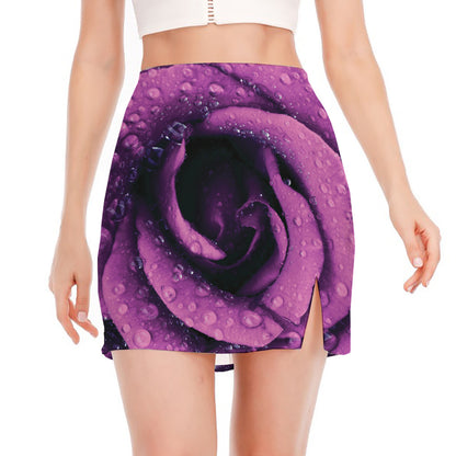 Dark Purple Rose Print Side Slit Mini Skirt