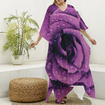 Dark Purple Rose Print Silk V-Neck Kaftan Dress