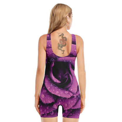 Dark Purple Rose Print Sleeveless One Piece Swimsuit