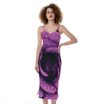 Dark Purple Rose Print Slim Fit Midi Cami Dress