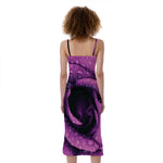 Dark Purple Rose Print Slim Fit Midi Cami Dress