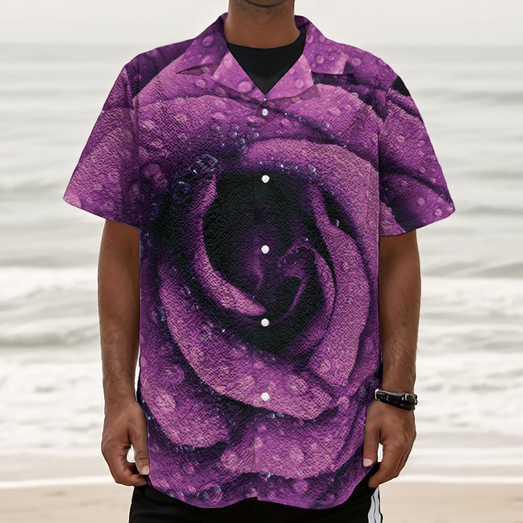 Dark Purple Rose Print Textured Short Sleeve Shirt
