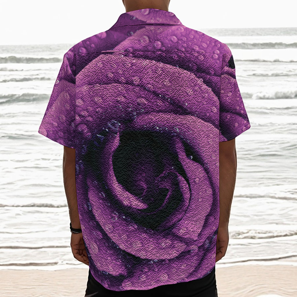 Dark Purple Rose Print Textured Short Sleeve Shirt