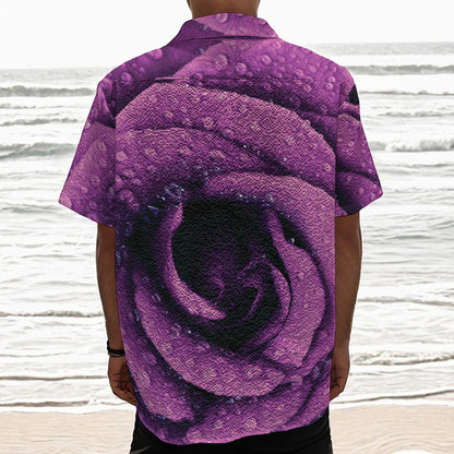 Dark Purple Rose Print Textured Short Sleeve Shirt