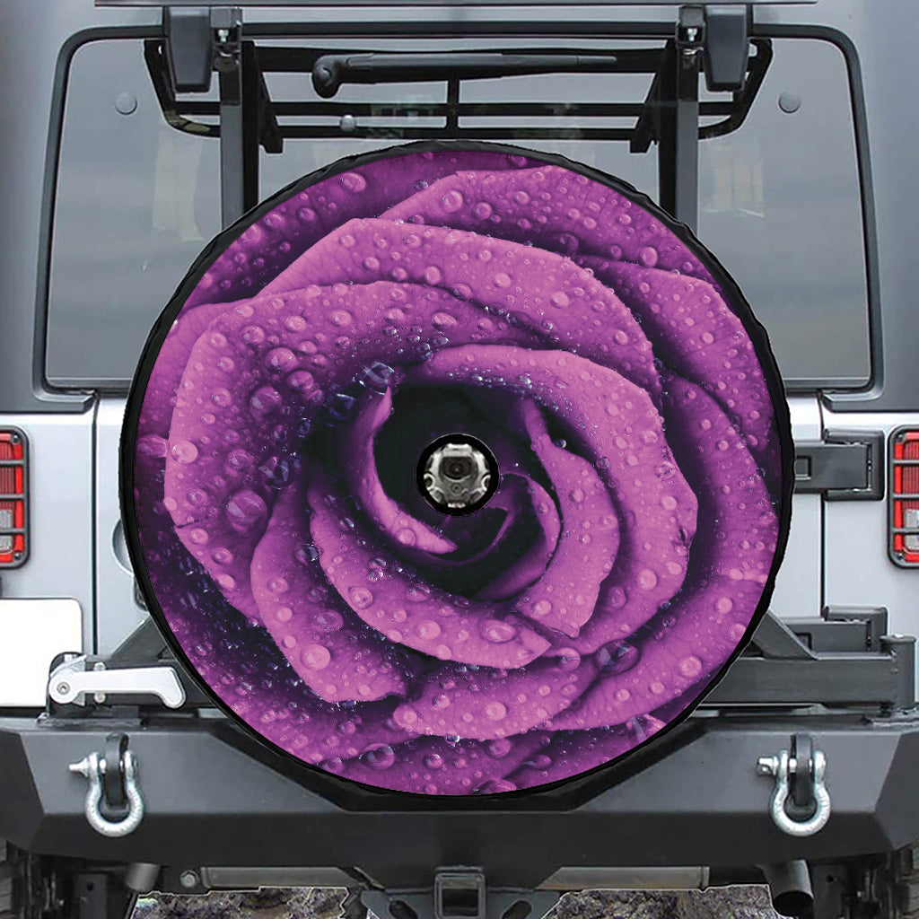 Dark Purple Rose Print Tire Cover With Camera Hole
