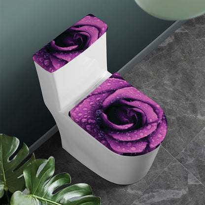 Dark Purple Rose Print Toilet Lid And Tank Cover Set