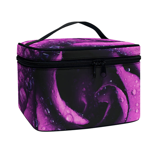 Dark Purple Rose Print Travel Makeup Bag