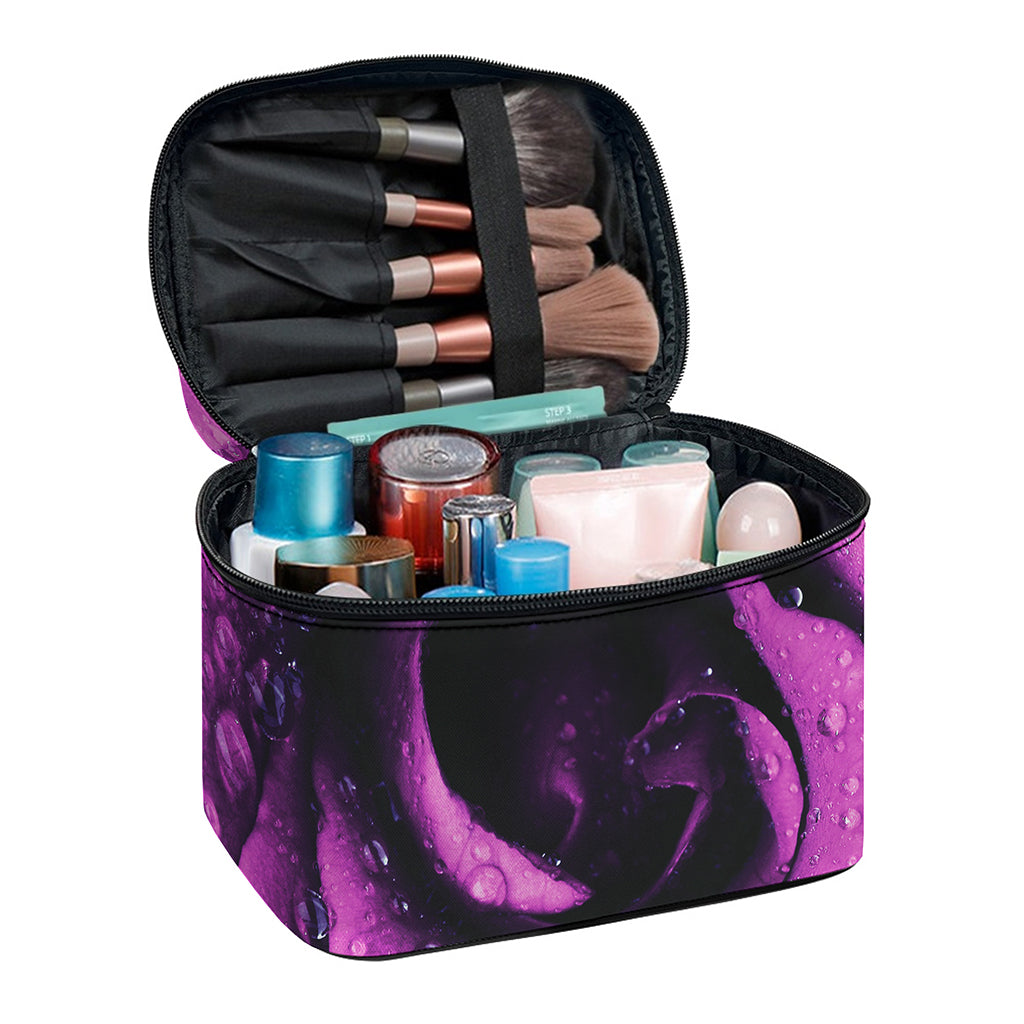 Dark Purple Rose Print Travel Makeup Bag