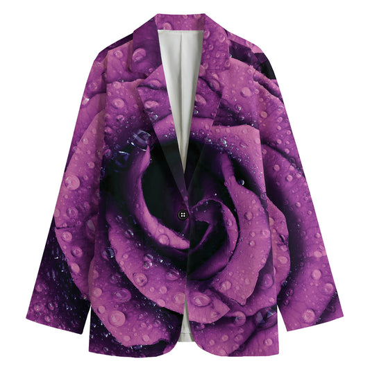Dark Purple Rose Print Women's Cotton Blazer