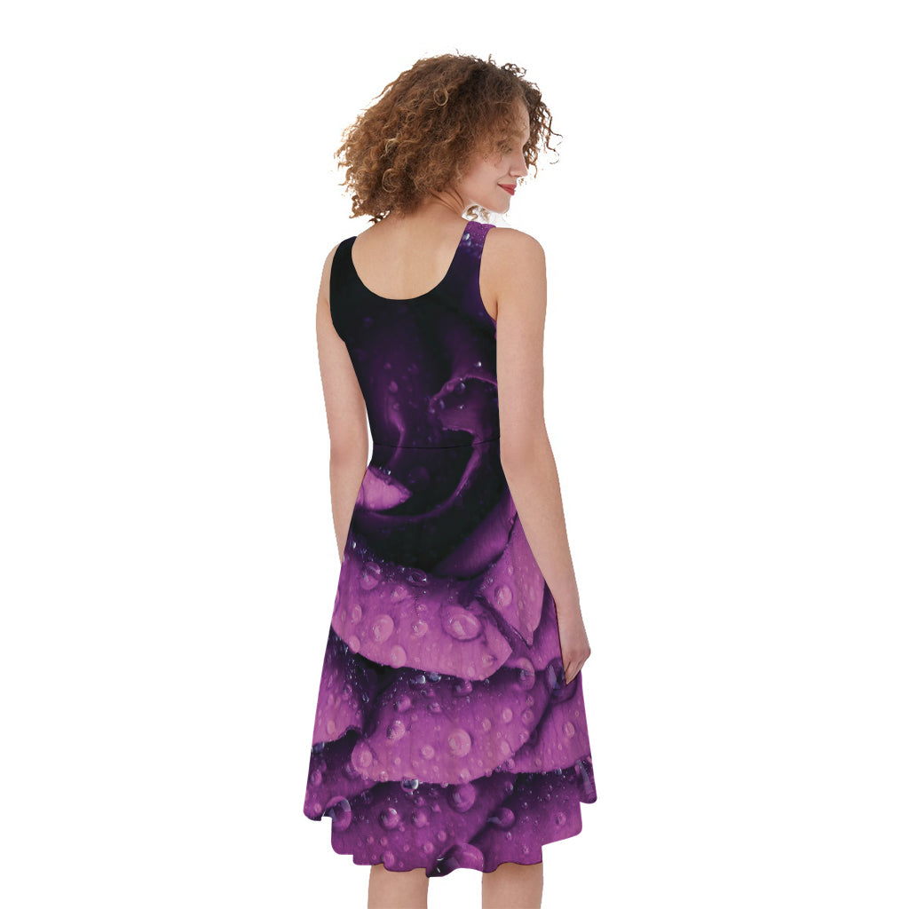 Dark Purple Rose Print Women's Sleeveless Dress