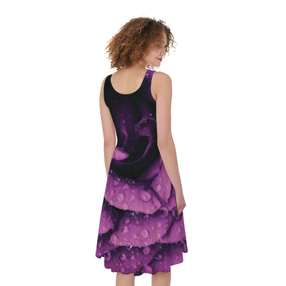 Dark Purple Rose Print Women's Sleeveless Dress
