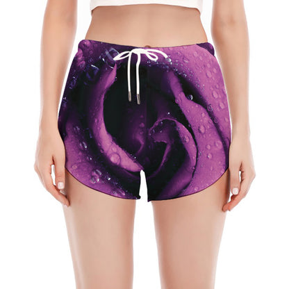 Dark Purple Rose Print Women's Split Running Shorts