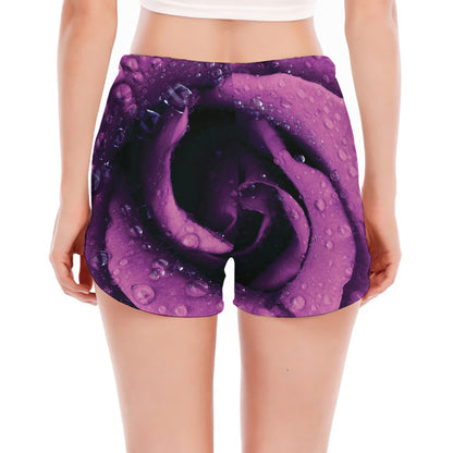 Dark Purple Rose Print Women's Split Running Shorts