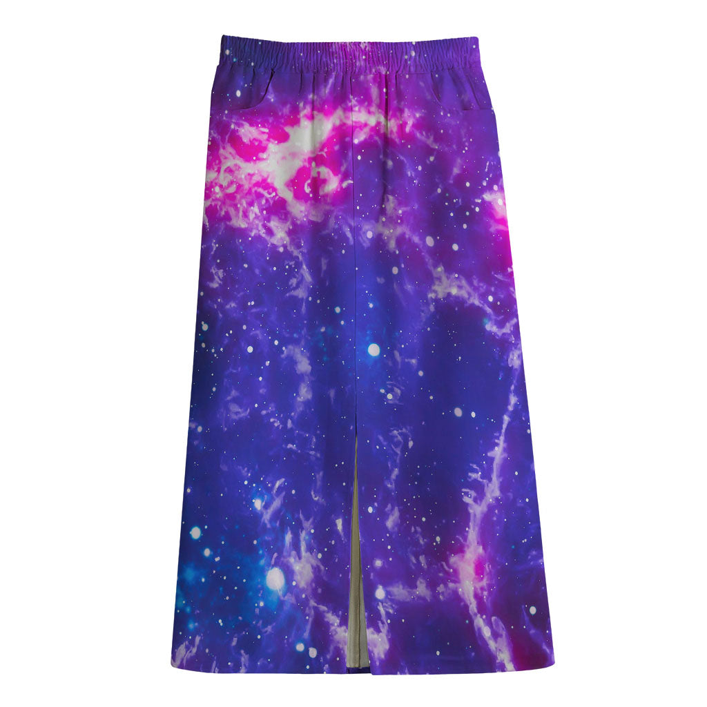 Dark Purple Universe Galaxy Space Print Cotton Front Slit Maxi Skirt