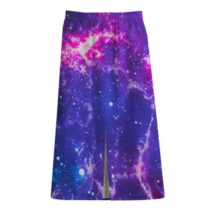 Dark Purple Universe Galaxy Space Print Cotton Front Slit Maxi Skirt