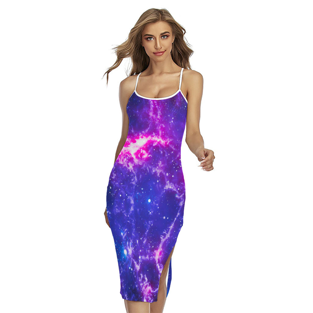 Dark Purple Universe Galaxy Space Print Cross Back Cami Dress