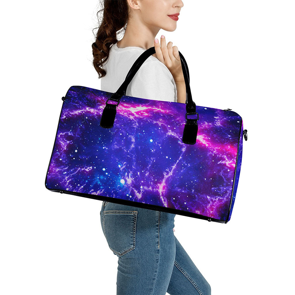 Dark Purple Universe Galaxy Space Print Leather Duffle Bag