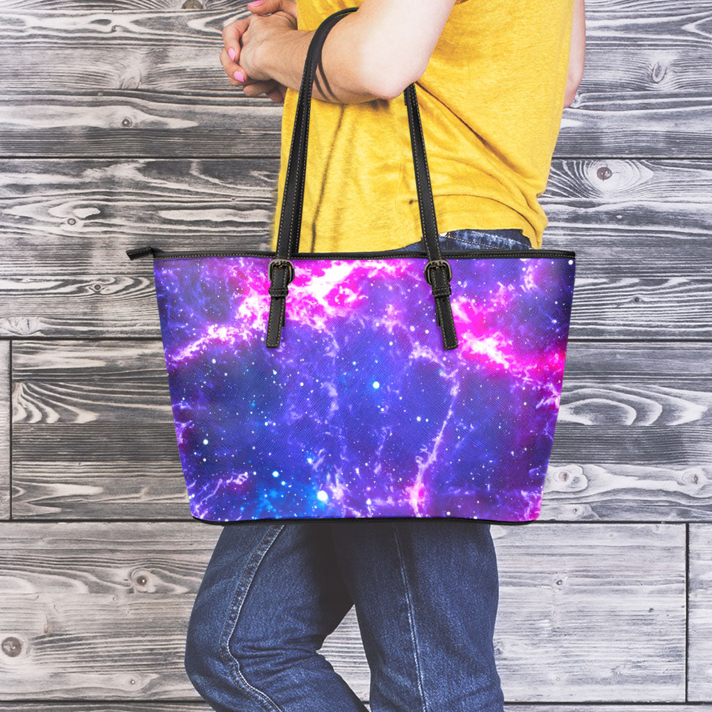 Dark Purple Universe Galaxy Space Print Leather Tote Bag