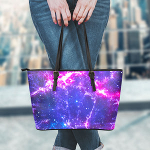 Dark Purple Universe Galaxy Space Print Leather Tote Bag