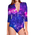 Dark Purple Universe Galaxy Space Print Long Sleeve Swimsuit
