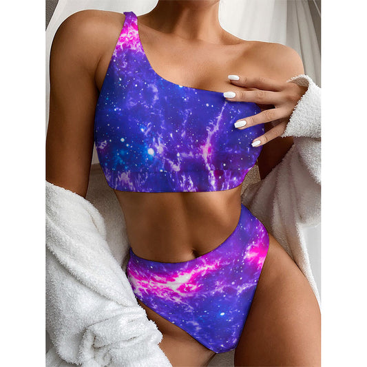 Dark Purple Universe Galaxy Space Print One Shoulder Bikini Top