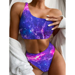 Dark Purple Universe Galaxy Space Print One Shoulder Bikini Top