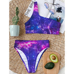 Dark Purple Universe Galaxy Space Print One Shoulder Bikini Top