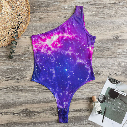 Dark Purple Universe Galaxy Space Print One Shoulder Bodysuit