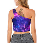 Dark Purple Universe Galaxy Space Print One Shoulder Crop Top