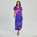 Dark Purple Universe Galaxy Space Print Short Sleeve Maxi Dress