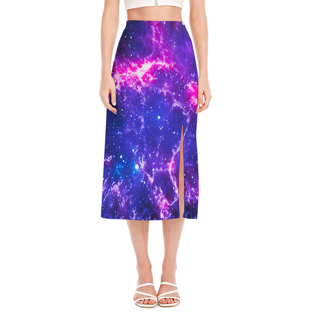 Dark Purple Universe Galaxy Space Print Side Slit Midi Skirt