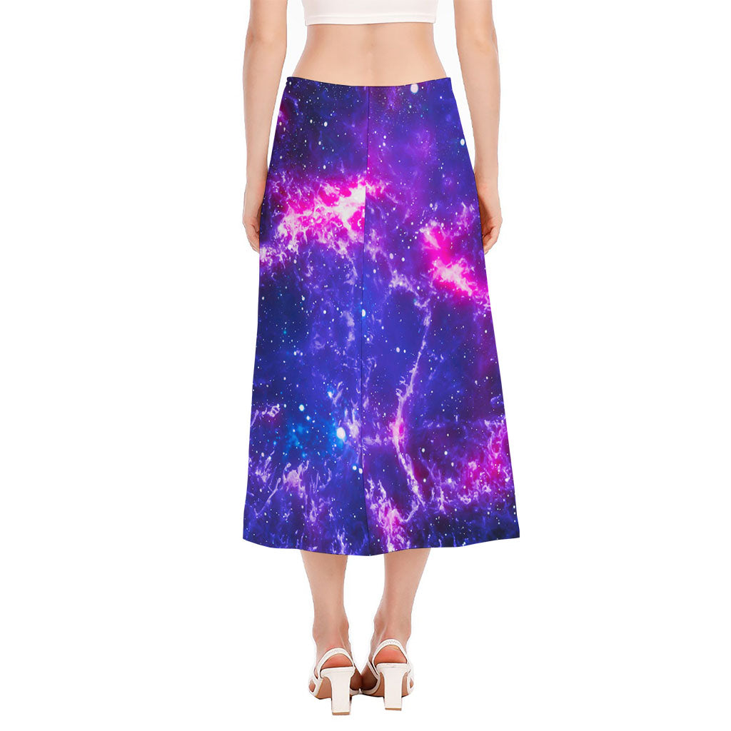Dark Purple Universe Galaxy Space Print Side Slit Midi Skirt