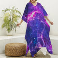 Dark Purple Universe Galaxy Space Print Silk V-Neck Kaftan Dress