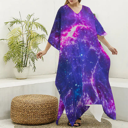 Dark Purple Universe Galaxy Space Print Silk V-Neck Kaftan Dress