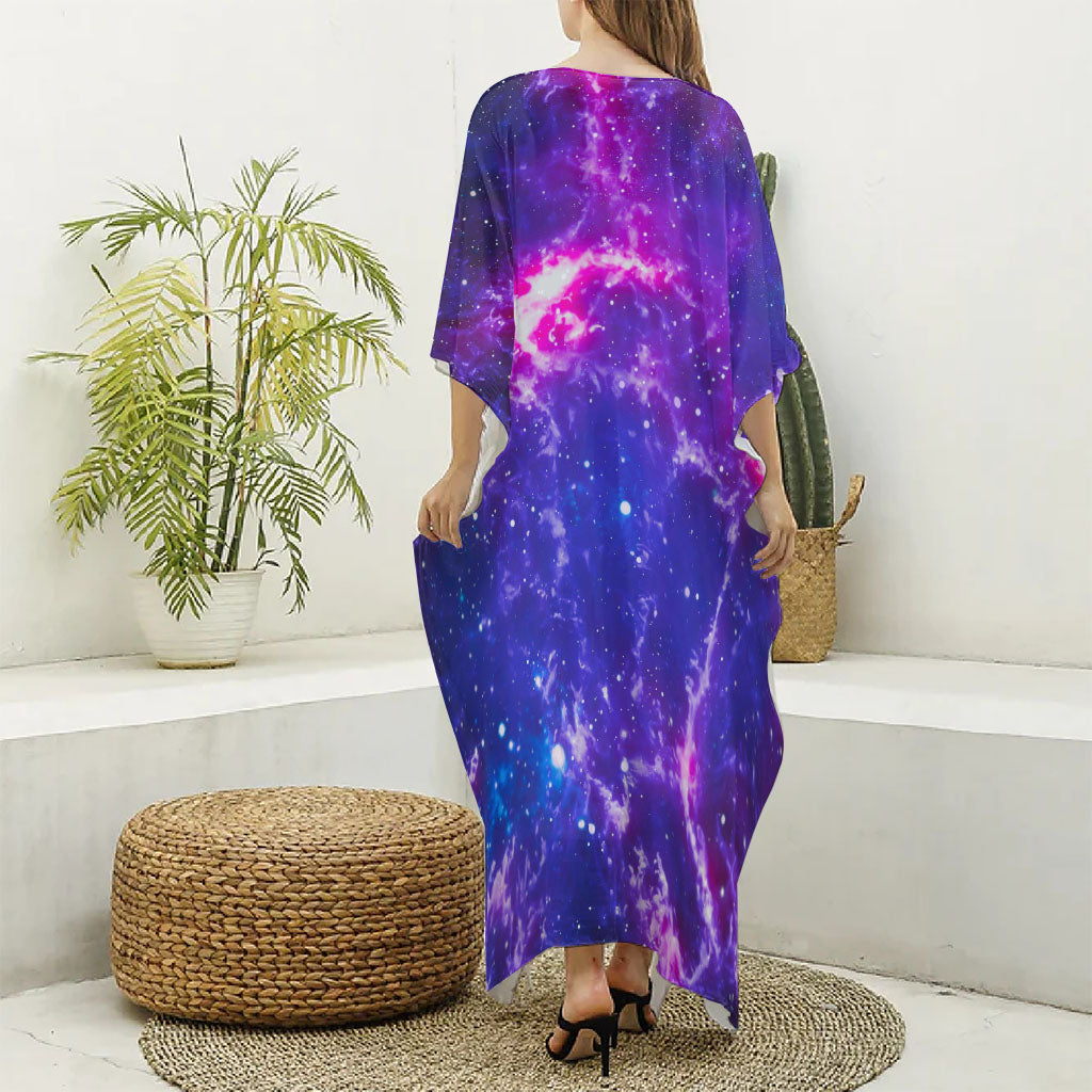 Dark Purple Universe Galaxy Space Print Silk V-Neck Kaftan Dress